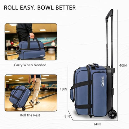 Goloni Double Roller 2 Ball Bowling Bag with Separate Shoe Compartment,2 Ball Bowling Bag with Wheels,Retractable Handle Extends to 40" - color: Blue