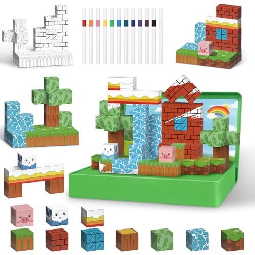 Intoypad Magnetic Blocks Painting Travel Toys for Kids, 48PCS Magnetic Building Blocks with 12 Paint Pens & Iron Box Art Craft Kits Magnet Blocks Cube Birthday Gifts for Boys Girls Road Trip Car Games