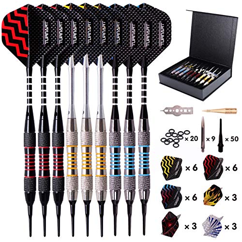 Turnart Darts Plastic Tip - Professional Soft Tip Darts Set for Electronic Dartboard 9 Pcs 18 Grams with 50 Extra Tips 9 Shafts 27 Flights Tool Kit Flight Protectors and Gift Darts Case - color: Tungsten