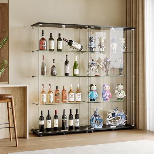 Glass Display Cabinet with 4-Shelf Double Doors and Lock, 5mm Tempered Glass Floor Standing Bookshelf for Living Room, Bedroom, Office, 64 x 31.7 x 14.3 in, Black - size: 64 x 31.7 x 14.3 in -4-Tier