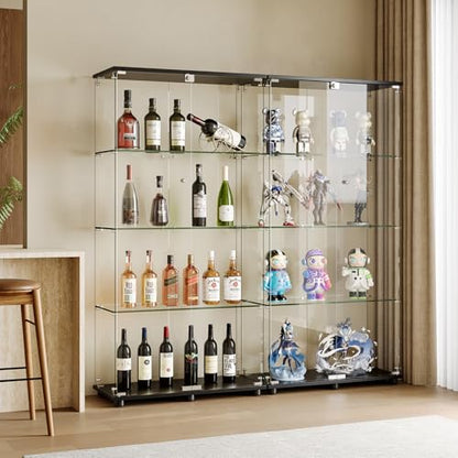 Glass Display Cabinet with 4-Shelf Double Doors and Lock, 5mm Tempered Glass Floor Standing Bookshelf for Living Room, Bedroom, Office, 64 x 31.7 x 14.3 in, Black - size: 64 x 31.7 x 14.3 in -4-Tier
