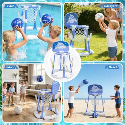 2 in 1 Pool Basketball Hoop with Backboard & Ring Toss Game,Floating Pool Toys with 4 Balls 8 Rings&Pump Summer Water Basketball Indoor Outdoor Toy Gifts Family Party for Kids Age 3-5 4-8 8-12& Adult - size: with backboard