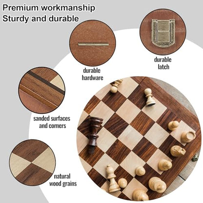 2 in 1 Wooden Chess and Checkers Set - Folding Magnetic Chess Board with Storage Slots, Chess Pieces, Portable Travel Chess Set for Adults & Kids, Includes Carry Bag