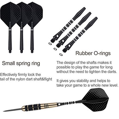 Steel Tip Darts Set for Dartboard, Professional Brass Darts Metal Tip Black Purple Aluminium Nylon Shafts 9 Flights 50 Rubber O-Rings 12 Spring Rings 1 Dart Sharpener Tool 24/27 Grams - color: 24g Black