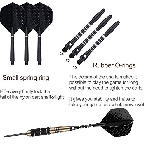 Steel Tip Darts Set for Dartboard, Professional Brass Darts Metal Tip Black Purple Aluminium Nylon Shafts 9 Flights 50 Rubber O-Rings 12 Spring Rings 1 Dart Sharpener Tool 24/27 Grams - color: 24g Black