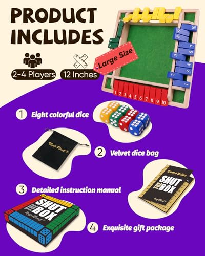 Flybean 12" Upgraded Shut The Box Game Colorful 1-4 Players, Math Dice Board Games for Family Night Travel, Easy Quick and Fun, Wooden Close The Box Number Game for Group Adult Senior Kids - style: 1-4P Upgraded