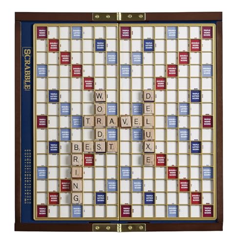 Scrabble Deluxe Travel Edition by WS Game Company | Compact Travel Game Set | Wooden Case with Hidden Storage, Raised Letter Tile Grid, and Magnetic Closure | Scrabble Board Game for 2-4 Players
