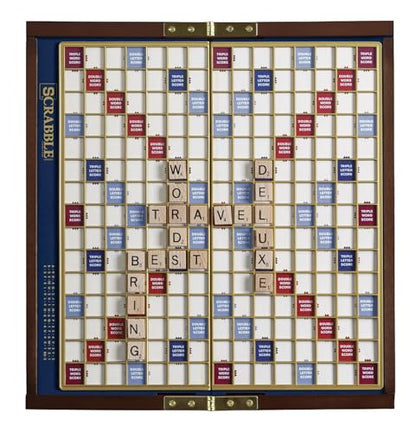Scrabble Deluxe Travel Edition by WS Game Company | Compact Travel Game Set | Wooden Case with Hidden Storage, Raised Letter Tile Grid, and Magnetic Closure | Scrabble Board Game for 2-4 Players