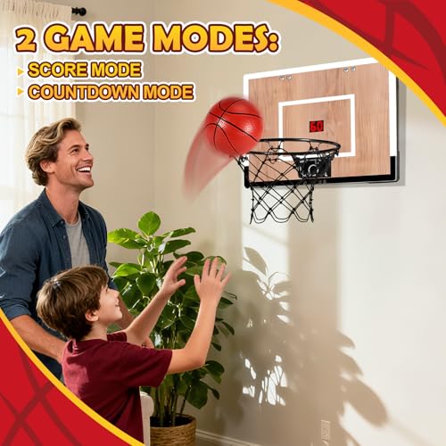 NZQXJXZ Indoor Basketball Hoop for Kids, Mini Basketball Hoops Over The Door and Wall Mount with Wooden Backboard, 3 Balls and Pump, Idea Toys Gifts for Kids and Adult,Score Version