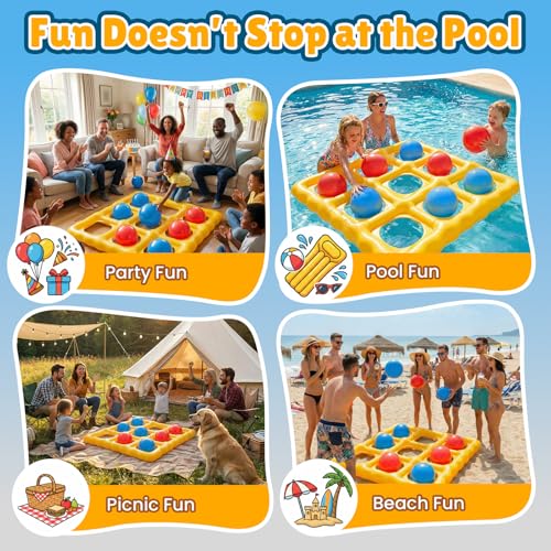 Pool Toys Inflatable Tic-Tac-Toe Game Giant Outdoor Floating Game with 10 Balls Swimming Pool Games for Kids Adults Family 2-10 Players Yard Pool Beach Lawn Camping