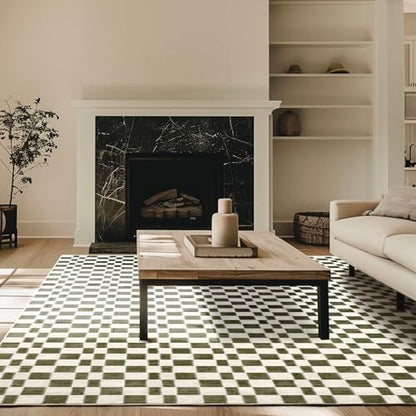 EVERGRACE Checkered Plaid Area Rug 9x12, Soft Faux Wool Rugs Washable Anti Slip Rugs Large Rug Carpet for Entryway Bedroom Living Room Hallway Kitchen Dining Room and Laundry Room, Olive Green - color: Olive Green, size: 9' x 12' (Rectangular)