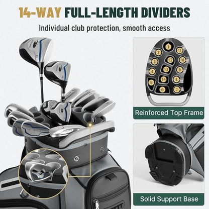 uniHimal T-Lock Golf Cart Bag with Quiet 14-Way Full-Length Divider Top | Golf Bag for Men with Magnetic Pocket, Cooler Pocket, Handle and Rain Cover - color: Grey