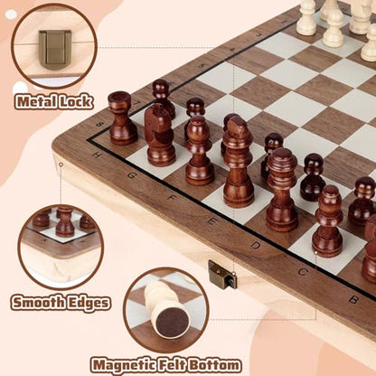 Wooden Chess Set,11.5 inch Magnetic Chess Board Folding Design with Storage Travel Chess Game for Kids, Adults and Family Game Night
