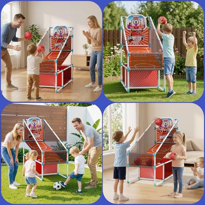 2 in 1 Kids Arcade Basketball Hoop &Soccer Goal,LED Lights Electronic Scoreboard, Adjustable Height Basketball Game Set,Indoor Outdoor Sport Toys Gift Toddlers Boys Girls Ages 3-12 Home Party