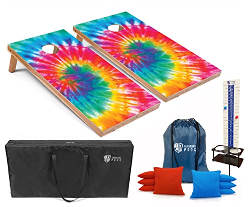 Tailgating Pros Cornhole Boards - 4'x2' Regulation Boards w/Carrying Case, Score Keeper, & Set of 8 Corn Filled Bags w/Tote - size: 4'x2' Boards w/ LED Ring Lights, style: Tie Dye