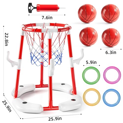 JUKUDAHU Swimming Pool Basketball Hoop Toy for Kids 2 3 4 5 6 Years Old - Floating Pool Basketball Game Toys with 4 Balls Air-Pump, Outdoor Play, Poolside Summer Water for Boys Girls Age 4-8-12 (Red) - color: Red