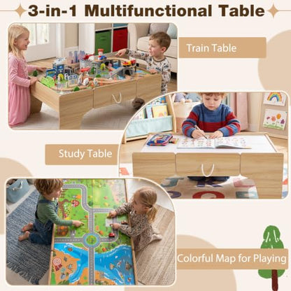 Costzon 110-Piece Wooden Train Table with Drawer for 3+ Years Old Toddlers | 3-in-1 Kids Activity Play Set w/ Reversible Tabletop, Storage Space, Train Tracks, Figures, Vehicles, and Buildings - size: 42" x 25" x 16" (L x W x H)
