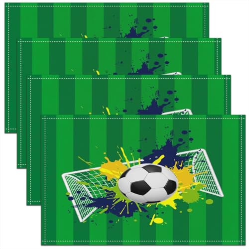 Castle Fairy Soccer Kids Placemats Set of 4,Cartoon Geometric Stripe Table Place Mats,Watercolor Graffiti Ball Sport Kitchen Decor,Yellow Green White Placemat Kitchen Table Decoration 12"x18" - color: Yellow Green White