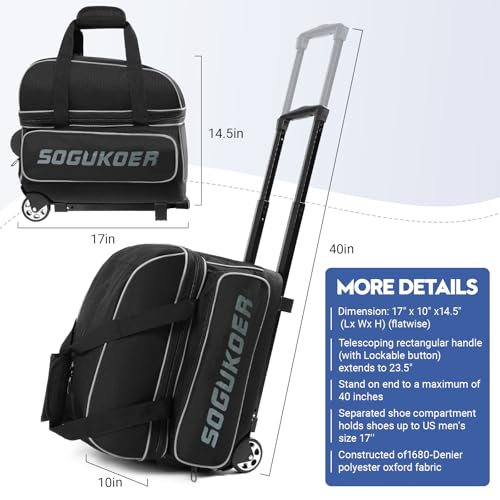 2 Bowling ball Bag with Wheels, Lightweight Trolley Double Ball Bowling bag with Large Separate Shoe Compartment and Oversized Accessory Pocket, Retractable Handle Extends To 39.5" - color: Black & Grey