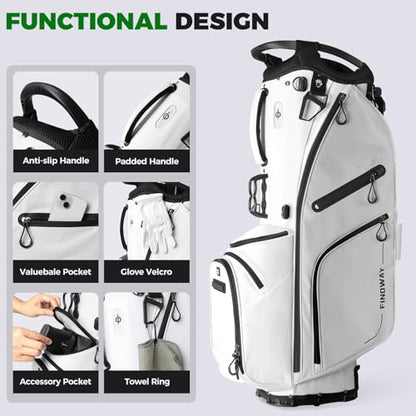 Findway 14 Way Golf Stand Bag, Lightweight Golf Bag with Stand for Men Women, Golf Club Carry Bag with Dual Strap, Rain Cover, Multiple Pockets, Golf Ball Holder - color: White