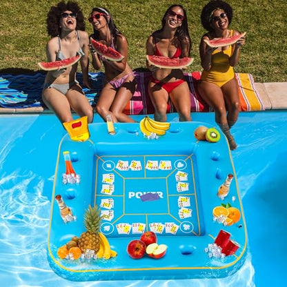 Elcoho 55 x 55 Inch Extra Large Inflatable Game Table with Waterproof Playing Cards Floating Pool Table Drink Holder Inflatable Ice Serving Tray Buffet Bar for Pool Summer Party, Light Blue - color: Light Blue