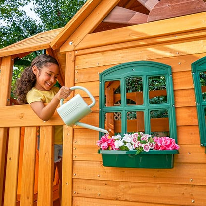 KidKraft Buffalo Crossing Wooden Outdoor Swing Set with Tube Slide | Two-Story Playhouse, Rock Wall, Glider, Faux Stone Facade, Planter Boxes