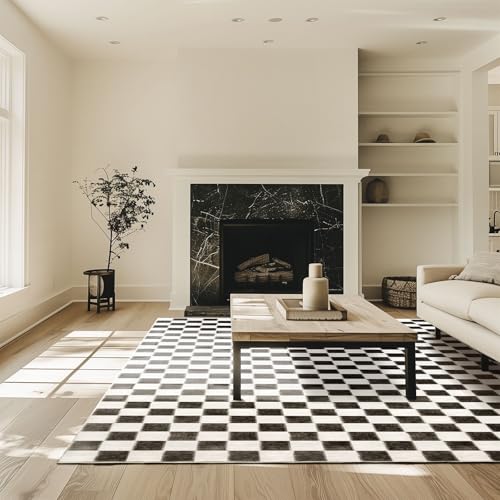 EVERGRACE Checkered Plaid Area Rug 9x12, Soft Fuzzy Faux Wool Rugs Washable Anti Slip Rugs Large Rug Carpet for Entryway Bedroom Living Room Hallway Kitchen and Laundry Room, Black and White - color: Black, size: 9' x 12' (Rectangular)