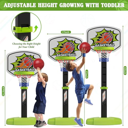 3 in 1 Toddler Basketball Hoop and Tee Ball Set for Boys: Kids Baseball Tee with Automatic Pitching Machine Adjustable Height Indoor and Outdoor Sports Toys Christmas Birthday Gifts for Boy Age 3-12 - style: Green Basketball Hoop