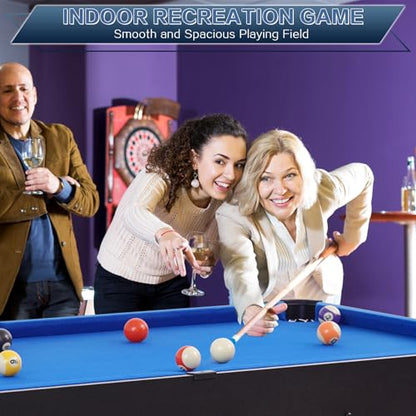 Folding Pool Table, Portable Billiard Game Tables for Kids and Adults, Mini Pool Table with Locking Legs, Adjustable Feet, Balls, Cues, Triangle, Chalk, Brush - color: 54-inch/Blue & Black
