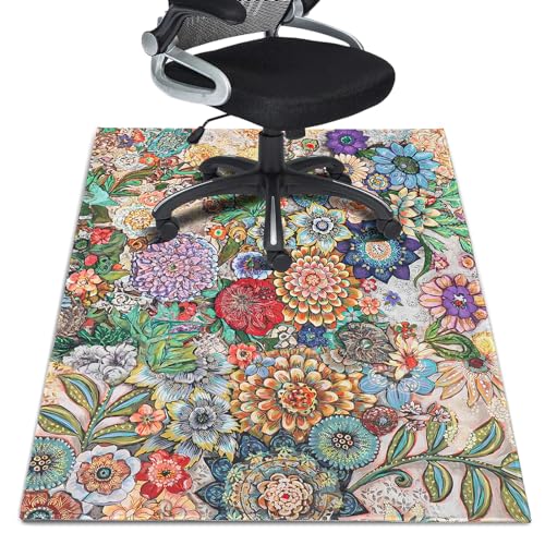 Office Chair Mat for Hardwood Floor 36"X 48" Heavy Duty Desk Chair Rug for Under Gaming Rolling Chairs Computer Decor Protect Mats Low Pile Non-Slip Rubber for Carpet & Tile Floor-Mandala Flowers - color: Light Brown Yellow, size: 36"X 48"