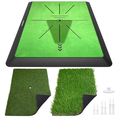 COSPOPTIC Golf Hitting Mat with Swing Path Feedback, Heavy-Duty Rubber Base Anti-Slip Golf Training Mat, Extra Replaceable Surface, Portable Practice Mat for Home Office Garage Yard Indoor Outdoor - style: Rough-Fairway-Tracks mat