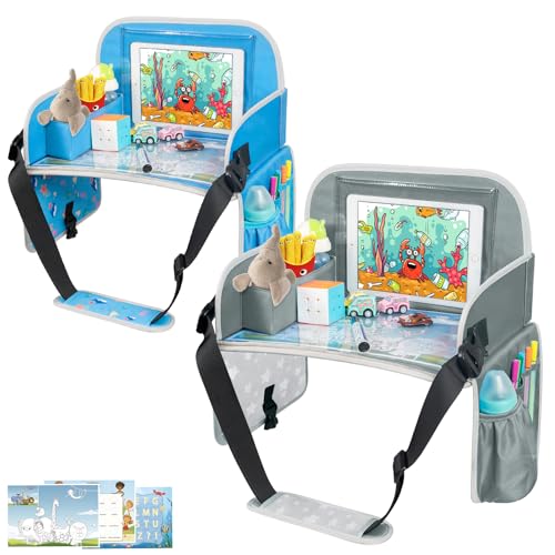 MENZOKE Kids Travel Tray for Boys or Girls, Travel Tray for Kids Car Seat with Tablet Holder, Dry Erase Board & Cooler Cup Holder, Road Trip Essentials Accessories for Car Trip, Airplane (2 Pack) - color: Grey+Blue