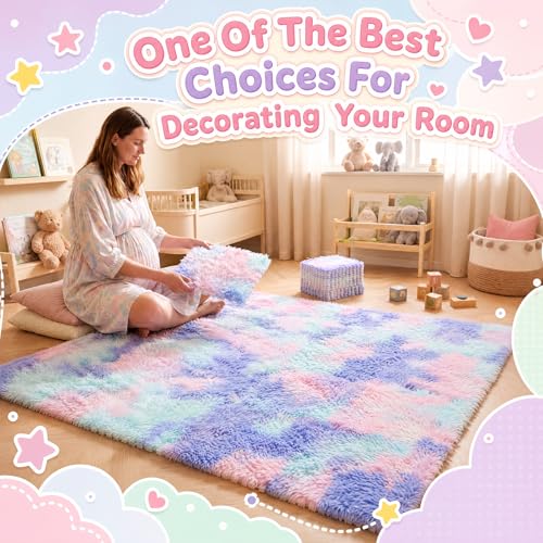 16 Pcs Hot Pink Purple Faux Fur Floor Tiles, 11.8 x 11.8 in Puzzle Girls Play Soft Tiles, 1.5 Inch Shaggy Square, EVA Foam Floor Mat for Nursery, Playroom, Bedroom, Toddler Room, Daycare - color: Hot Pink Purple