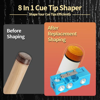 Vefungyan Pool Cue Tips Replacement Kit: 11 in1 Billiards Pool Cue Tip Repair Shaper Tool with 20pcs cue Tips 5 Chalk for Replacement - color: Metal Blue