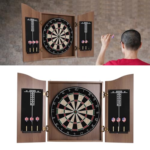 19.68"x23.6" Dartboard Cabinet Set with 6 Darts, Sisal Dart Board for Adults, Classic Wall-Mounted Game Room Target, MDF Brown, Scoreboard & Storage Holes, for Home Bar Office Indoor