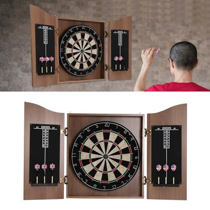 Dartboard Cabinet Set with Sisal Dart Board, Wooden Wall-Mounted Dart Board Cabinet with 6 Darts, Storage & Scoreboard for Game Room, Bar, Man Cave