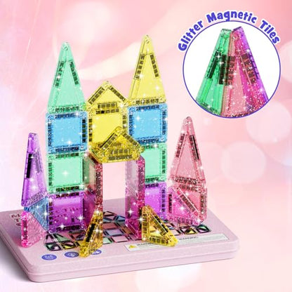 WMXDU 42-Piece Glitter Magnetic Tiles Travel Set with Pink Metal Box - Portable STEM Building Blocks for Kids Ages 3-8 Boys & Girls STEM Montessori Educational Toys for Airplane Car Rides - style: 42pcs-Pink