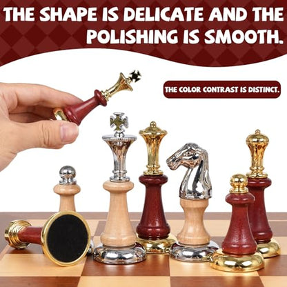 Large Wooden Chess Set with Metal & Wooden Chess Pieces, Luxury 17 Inch Chess Board Game with 2 Extra Queens, Premium Classic Strategy Board Game for Adults, Kids, Beginners & Gift Lovers