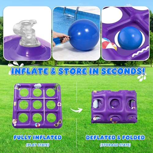 EPN Pool Games for Kids and Adults, 56” x 54” Inflatable Floating Tic Tac Toe Toss Game with 10 Balls, 2-in-1 Pool & Lawn Water Sprinkler Toy, Summer Pool Party Accessories for Backyard Fun, Purple
