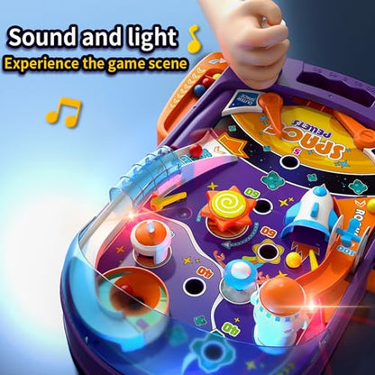 Tabletop Pinball Machine - Space Mini Arcade Game with Sound & Light, Pull-Back Launcher, Flippers, Carry Handle, Suction Cup Feet, Games for Kids Ages 3+ - style: Space (Lights & Sounds)