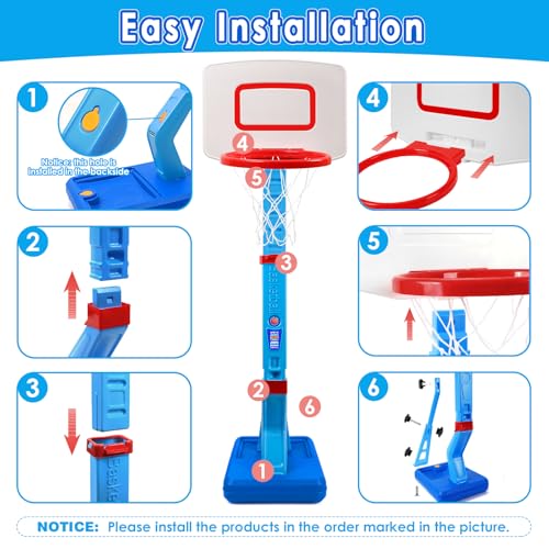 Toddler Basketball Hoop Indoor Outdoor - Height Adjustable 27.6-54 Inches (5 Slots), Kids Basketball Hoop with 4 Inflatable Balls & Pump, Safe Toddler Toys for 1-6 Year Old Boys Girls - color: blue