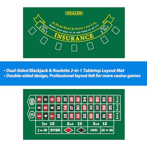GSE Games & Sports Expert 36" x 72" Double-Sided Casino Layout Felt, Las Vegas Style Tabletop Mat for Parties, Home Entertainment, Poker Game Night - style: Blackjack&Roulette