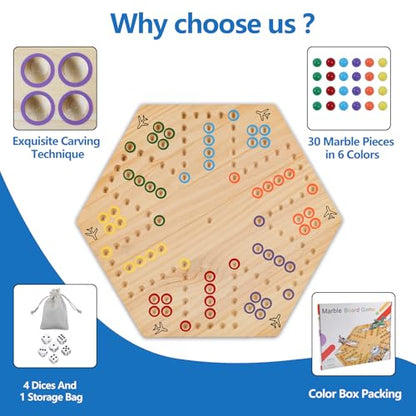 Wahoo Marble Board Game - Extra Large 23.6 Inches Game Board for 4 and 6 Players, Classic Family Fun with 30 Marbles, 6 Dice, Storage Bag & Gift Box, Bright Colors. (Extra Large, Log) - color: Extra Large, Log