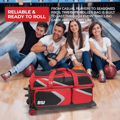 BSI Dash Roller Bowling Bag with Smooth Rolling Wheels, Padded Ball Compartment, Retractable Locking Handle, & Shoe Pocket - color: Black/Red/Gray, style: Triple