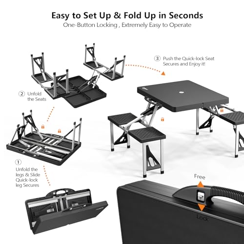 VINGLI 4Ft Portable Folding Picnic Table Camping Table Foldable Set with 4 Seats with Umbrella Hole Suitcase Card Table-220 Lbs Support Aluminum Frame, Plastic RV Tabletop for Yard, Travel - color: Black