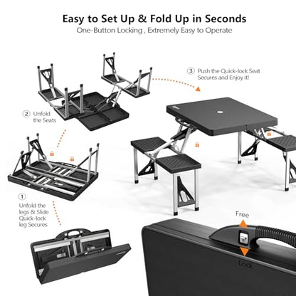 VINGLI 4Ft Portable Folding Picnic Table Camping Table Foldable Set with 4 Seats with Umbrella Hole Suitcase Card Table-220 Lbs Support Aluminum Frame, Plastic RV Tabletop for Yard, Travel - color: Black