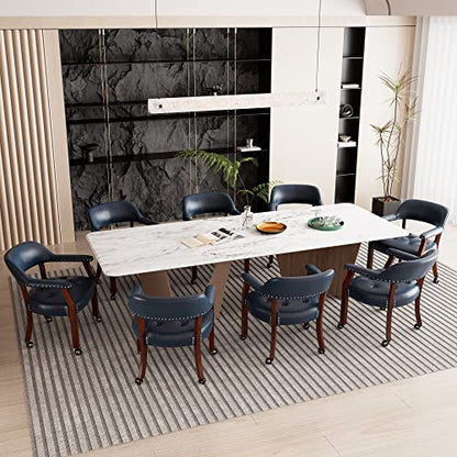 Set of 4 Dining Chair with Casters, Accent Captains Leather Chairs with Wheels & Arms,Wheeled Roller Wood Chairs for Kitchen & Game Poker Table,Cherry&Purplish Blue 1533LB(NO Table!) - color: Cherry&purplish Blue
