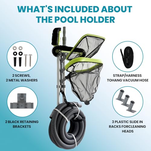 Sepetrel Pool Pole Hanger, Hooks for Poles | Wall & Fence Mounted Equipment Storage Rack with Hooks & Strap, Hose Holder for Pool Cleaning Accessories