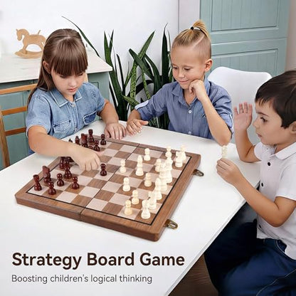 Hvygss 15 Inch Magnetic Chess Board, Foldable Wooden Chess Set with Checkers, Handcrafted Pieces with 2 Extra Queens, Portable Travel Board Game for Kids 6+ (Walnut Style, 15 Inch)