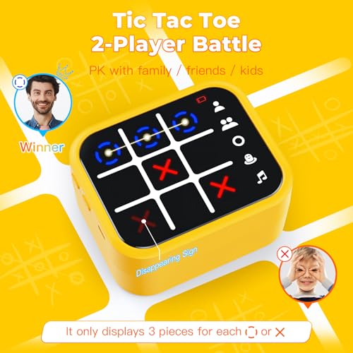 Rechargeable Tic Tac Toe Game Box with 5 Fun Brain Memory Games, Electronic Touchscreen Handheld Game, Portable Digital Puzzle Board Travel Toy, Gifts Choice for Kids and Adults(Yellow)